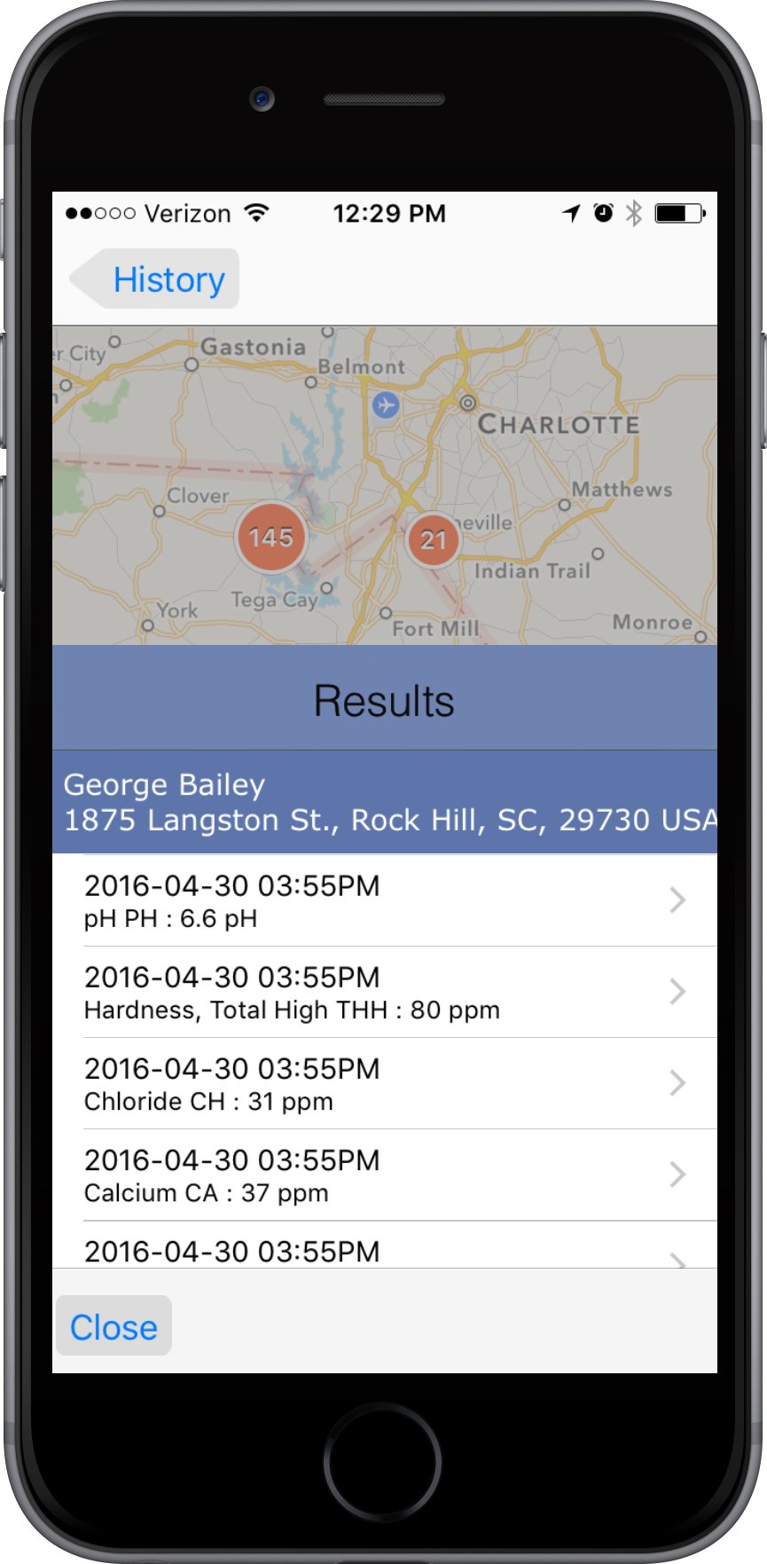 Map showing locations where the tests were carried out with the results.  